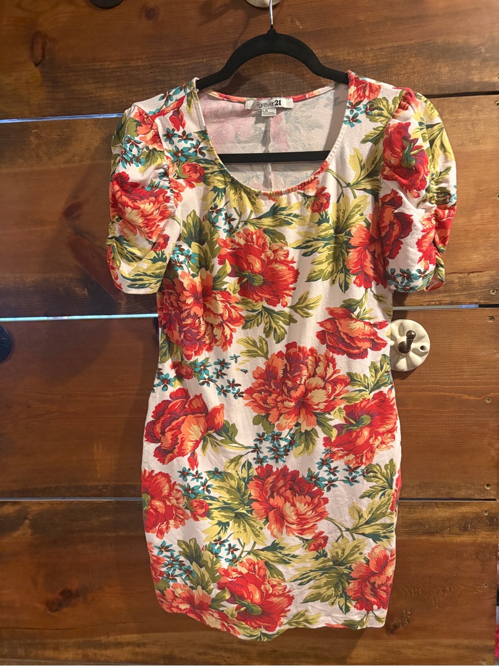 Forever 21 White Floral Mini Dress with Red & Green Print